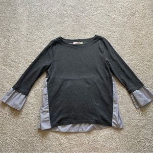 Loft Grey and Blue Striped Long-Sleeve Blouse with Edge Details Size Small